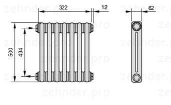 Схема (чертеж) Радиатор Zehnder Charleston 2050/7 №1270 Белый глянцевый RAL 9016